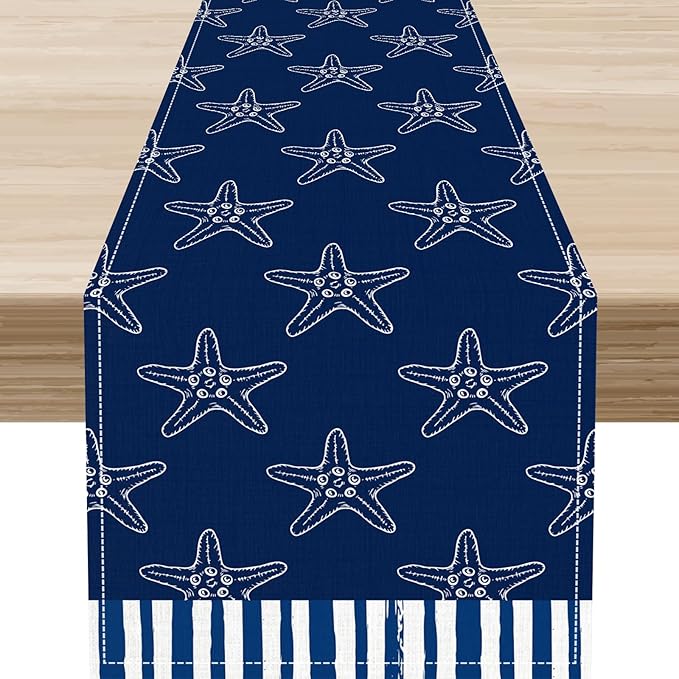 Starfish Table Runner, Summer Coastal Navy Blue Nautical Tropical Rustic Farmhouse Coffee Table Center Decor for Home Kitchen Dining Patio Holiday Party Table Decorations 13"x90"