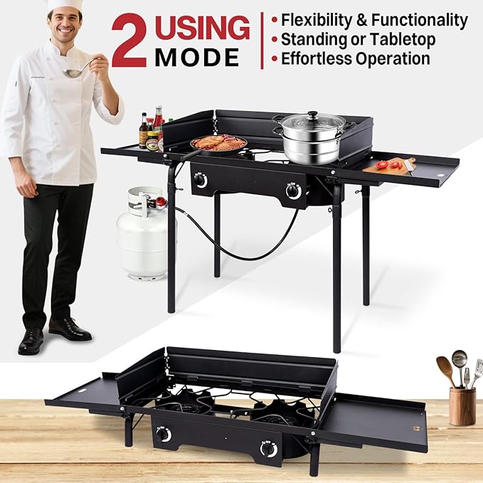 2 Burner Propane Camp Stove | 150,000 BTU Gas Burners | Side Shelves | Windscreen | Waterproof Cover | Detachable Legs | Ideal for Camping Backyard Outdoor Cooking