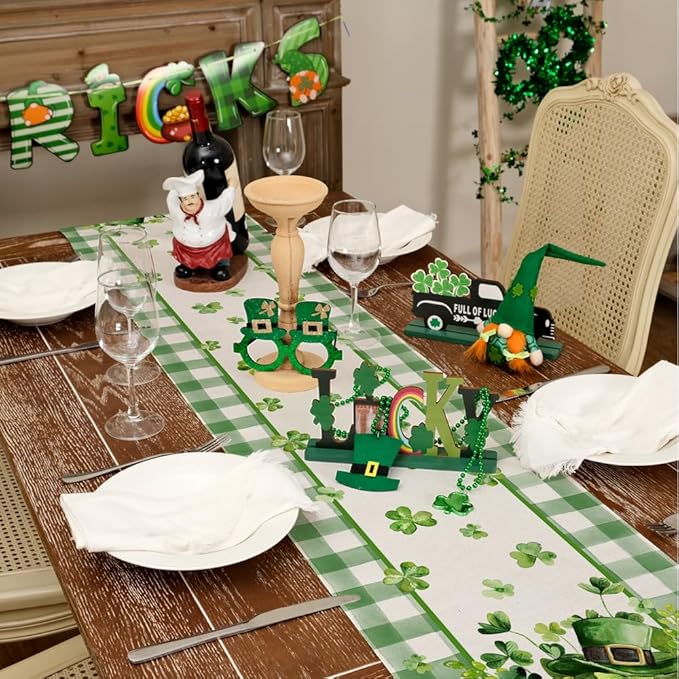 GEEORY St. Patrick's Day Table Runner 13 x 90 Inch, Shamrocks Plaid Mason Jar Decorative Holiday Table Decoration for Kitchen Dinning, Indoor Outdoor Dinner Party Décor GT142-90