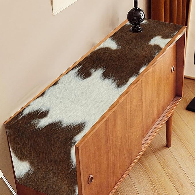 Cow Print Table Runner, Brown Cowhide Print Western Style Table Runner Country Farmhouse Cottage Cow Pattern Linen Table Decoration for Home Kitchen Dining 13x72