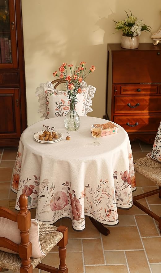 French Linen Small Round Tablecloth,Vintage Pink with Floral Pattern Wrinkle Free Tablecloths,Decor Table Cover for Kitchen,Dining,Thanksgiving,Christmas,Diameter 55"-Sloosa