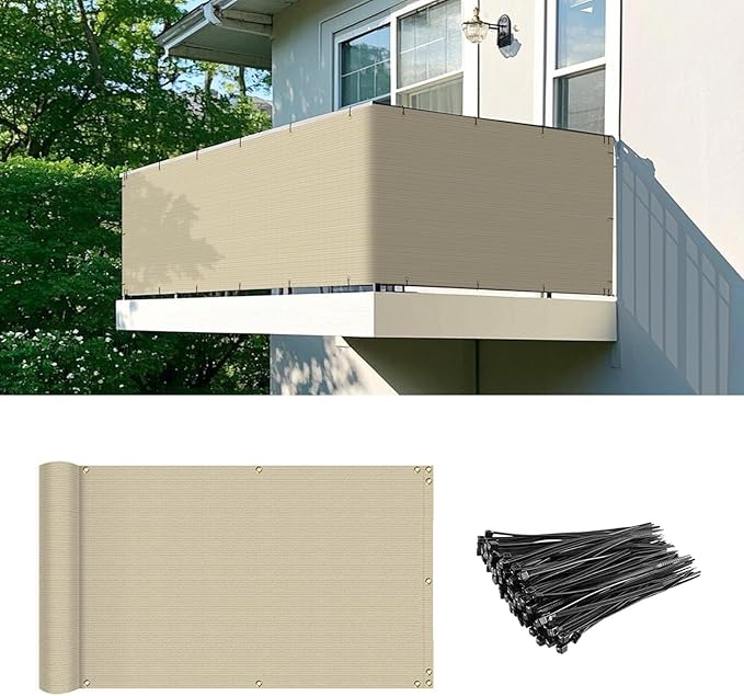 2.5' x 44' Balcony Privacy Screen Fence Cover with Zip Ties Grommets for Apartment Patio Porch Deck Backyard Outdoor (Beige)