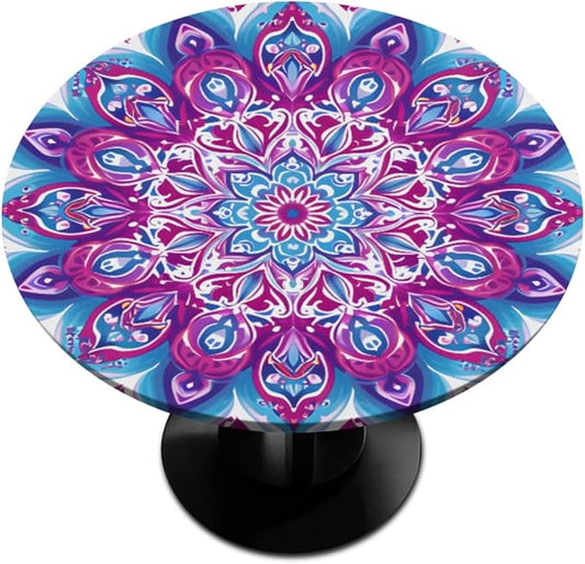 Mandala Vintage Flowers Round Table Cloth Cover, Elastic Edge Waterproof Wipeable Tablecloths 45"-56" Polyester Tablecloth for Party Restaurant Banquet Holiday Camping Outdoor Picnic