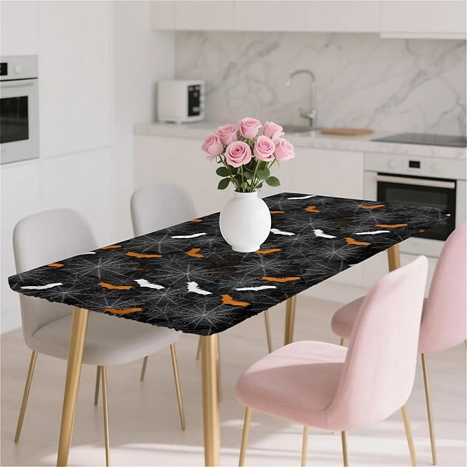 Rectangle Table Cloth Cover Waterproof Elastic Fitted Polyester Fitted Tablecloths for 8 Foot Tables for Indoor,Picnic, Camping, Outdoor （96" x 30"，Halloween）