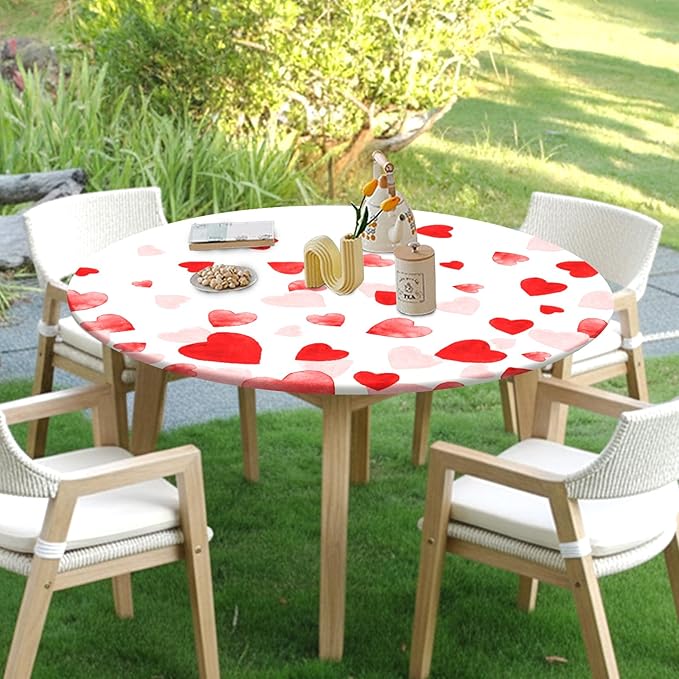 Valentines Day Round Fitted Tablecloth with Elastic Pink Red Love Heart Circle Table Cloth for 40-44" Round Tables Wipeable Waterproof Washable Valentine Table Cover for Picnic Dining Party Decor