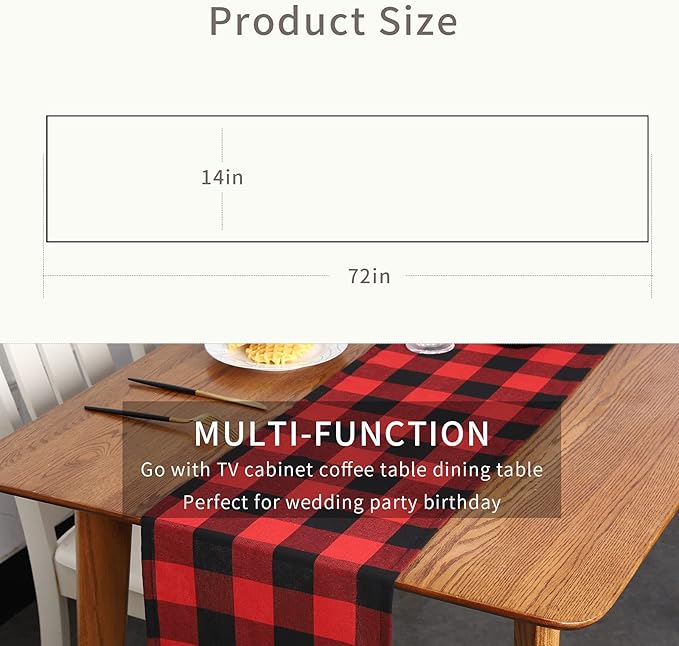 Tosewever Christmas Buffalo Check Plaid Table Runner, Cotton Polyester Blend Classic Family Dinner Table Runners for Indoor Outdoor Parties Events Home Decoration (Red and Black, 14 x 72 Inch)