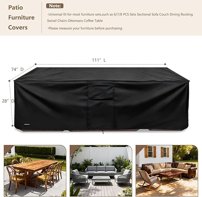 Rectangular Patio Furniture Covers,Upgraded 600D Heavy Duty Outdoor Furniture Covers Waterproof,Outdoor Sectional Dining Table and Chairs General Purpose Furniture Set Cover,111"L × 74"W × 28"H,Black