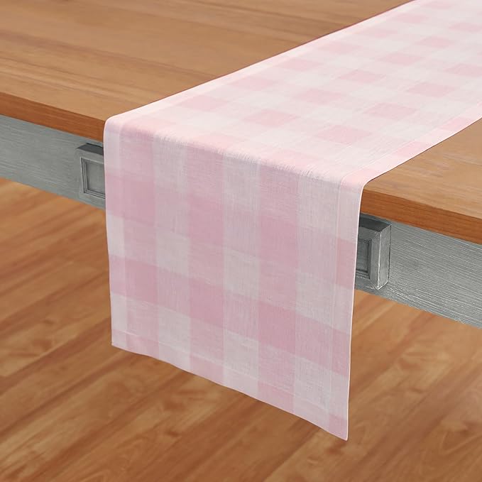 Solino Home Linen Checkered Table Runner 60 Inches - 100% Pure Linen Marshmellow Pink Buffalo Check Short Table Runner 14 x 60 Inch Ideal for Dresser and Coffee Tables, Valentines, Spring, Easter