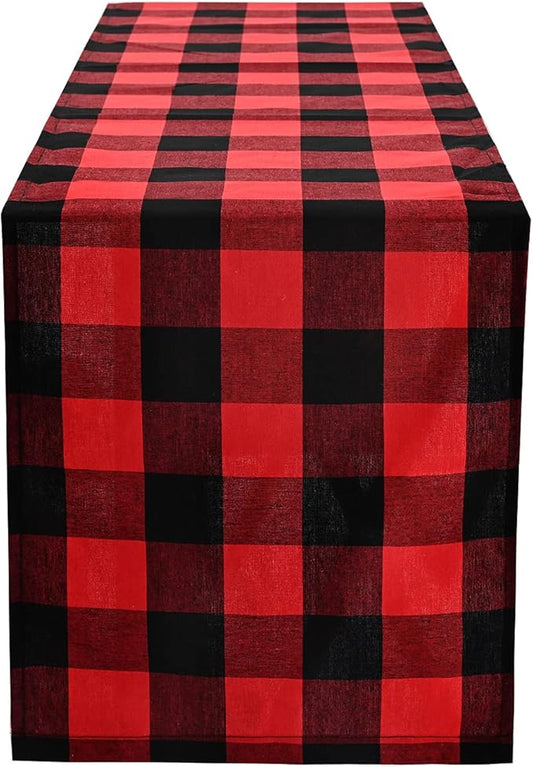 Tosewever Christmas Buffalo Check Plaid Table Runner, Cotton Polyester Blend Classic Family Dinner Table Runners for Indoor Outdoor Parties Events Home Decoration (Red and Black, 14 x 72 Inch)