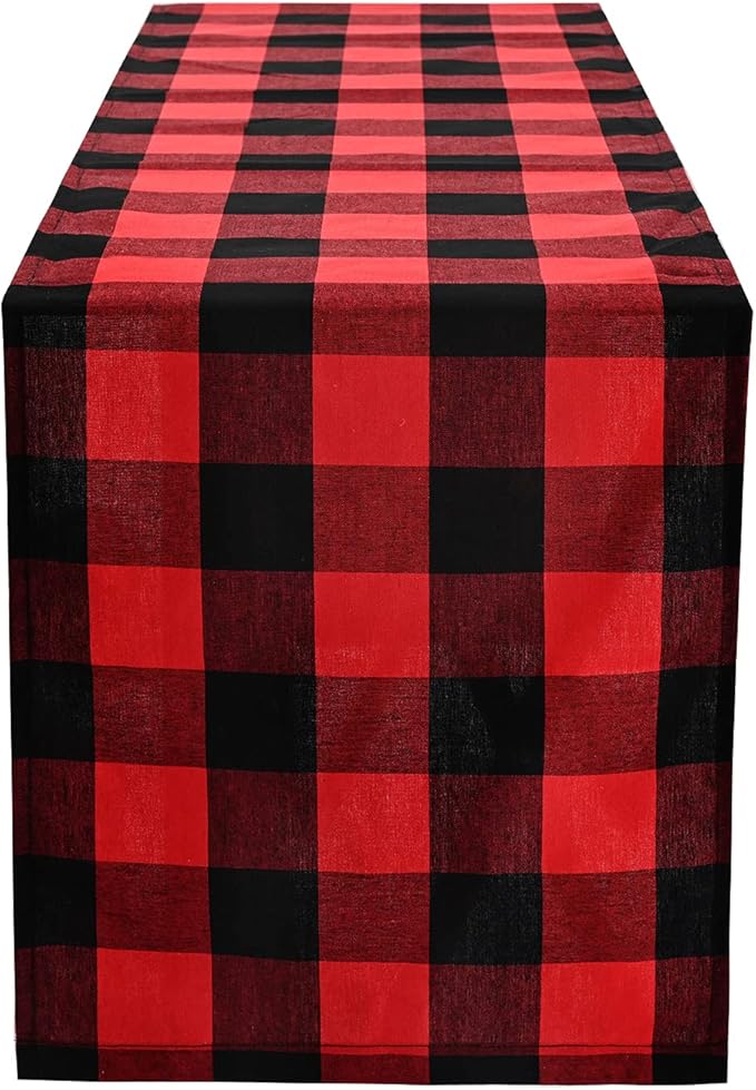Tosewever Christmas Buffalo Check Plaid Table Runner, Cotton Polyester Blend Classic Family Dinner Table Runners for Indoor Outdoor Parties Events Home Decoration (Red and Black, 14 x 108 Inch)
