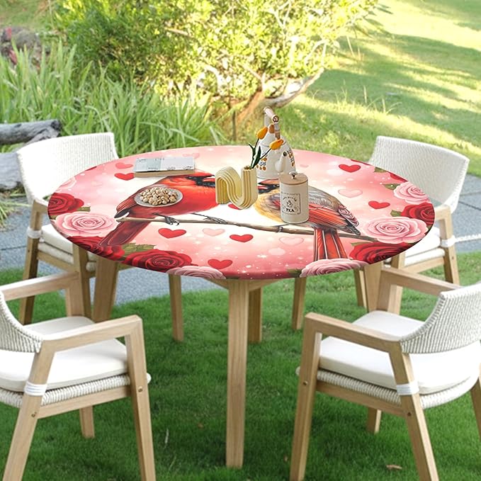 Valentines Day Round Fitted Tablecloth with Elastic Cardinal Bird Heart Circle Table Cloth for 40-44" Tables Wipeable Waterproof Washable Valentine Red Birds Table Cover for Picnic Dining Party Decor