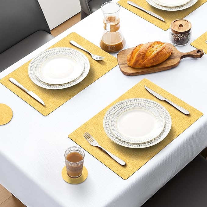 MOSAYT Placemats Set of 8, Heat Resistant Vinyl Place Mats with Coasters, Wipeable Washable 100% Waterproof Oil Proof Faux Leather Table Mats for Kitchen Dining Party Outdoor, 12" x 17", Yellow