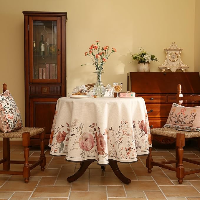 French Linen Small Round Tablecloth,Vintage Pink with Floral Pattern Wrinkle Free Tablecloths,Decor Table Cover for Kitchen,Dining,Thanksgiving,Christmas,Diameter 55"-Sloosa