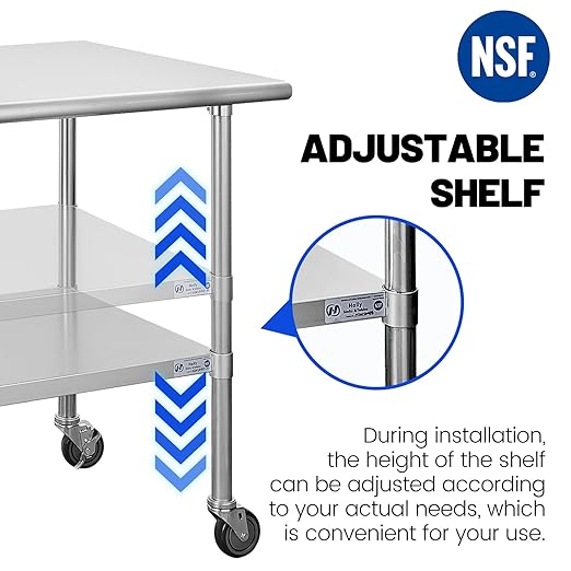 Hally Stainless Steel Table for Prep & Work 24 x 30 Inches with Caster Wheels, NSF Commercial Heavy Duty Table with Undershelf and Galvanized Legs for Restaurant, Home and Hotel