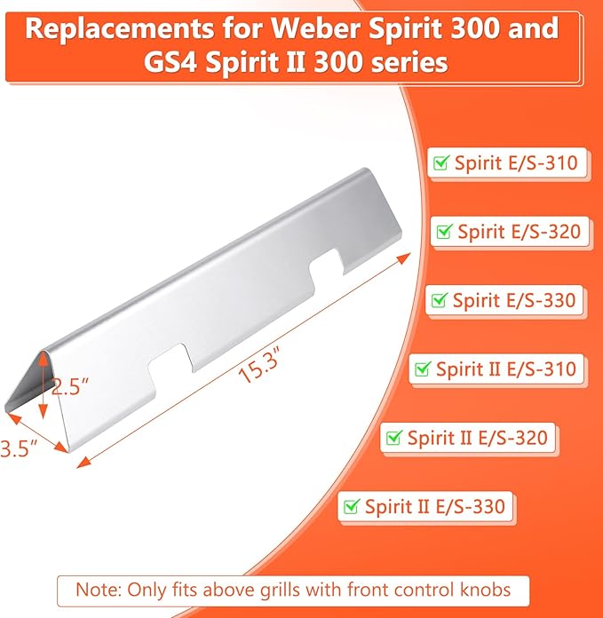 QuliMetal 7636 67046 Flavorizer Bars for Weber Spirit 300 & GS4 Spirit II 300 Series, Spirit E310 E320 E330 S310 S315 S320 S330 Grill with Front Control Knob - 15.3 Inch Flavor Bars Replacement Parts