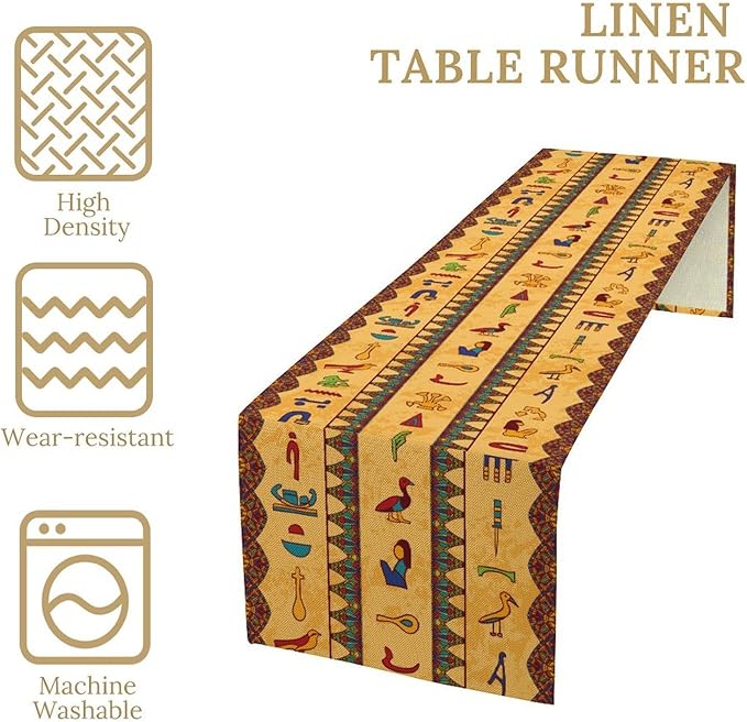Egyptian Table Runner, Colorful Ancient Egyptian Hieroglyphs Floral Geometric Table Runner for Kitchen Family Dining Holiday Party Farmhouse 13x108in