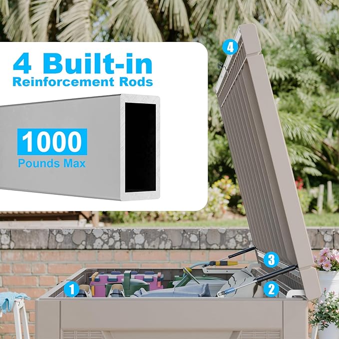 320 Gallon Large Deck Box,Resin Outdoor Storage Box with Lockable for Patio Furniture, Pool Accessories, Garden Tools Waterproof Outside Storage Box, Grey
