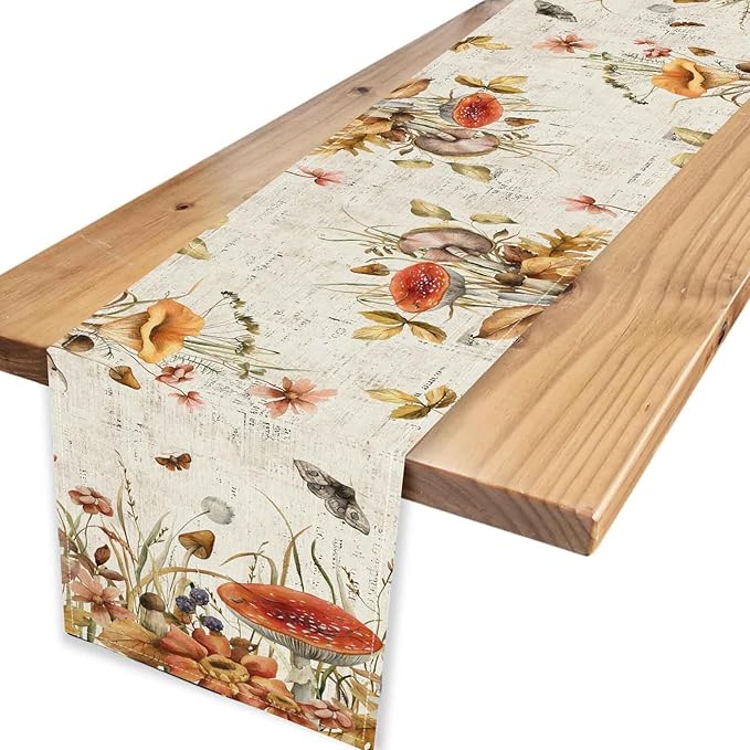 Mushroom Table Runner, Rustic Farmhouse Wildfloral Fall Autumn Leaves CountryCoffee Table Center Decor for Home Kitchen Dining Patio Holiday Party Indoor Outdoor Table Decorations, 13"x90" Inch