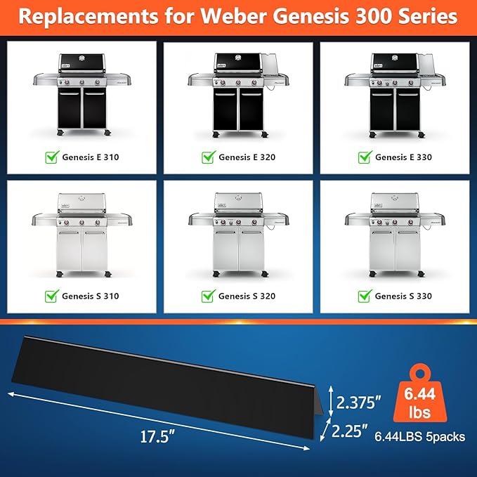 QuliMetal 17.5" Porcelain Enameled Flavorizer Bars for Weber Genesis 300 Series– Compatible with Genesis E310, E320, E330, S310, S320, S330 (Front Control Knobs), Replacement for Weber 7620, 7621