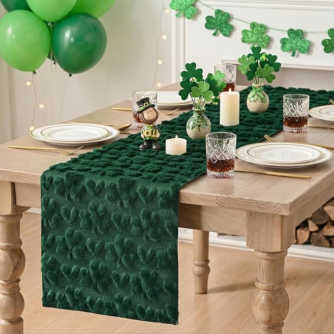Artoid Mode Green Soft Plush Faux Fur Jacquard Heart Clover St. Patrick's Day Table Runner, Seasonal Kitchen Dining Table Decoration for Home Party Decor 13x108 Inch