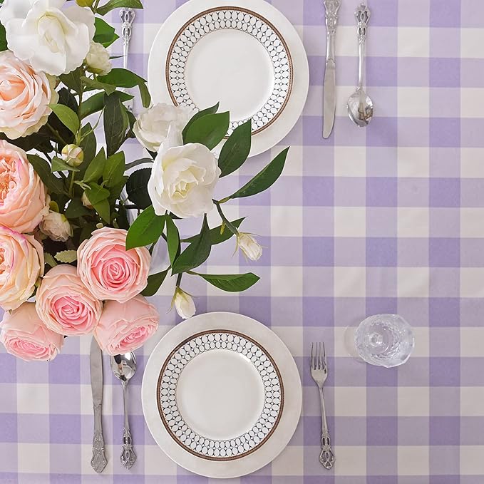 Cupuamon 2 Pack Waterproof Polyester Fabic Rectangle Checkered Tablecloth，60x102 Outdoor Table Cloth，Oil Stain Prevention Table Cloth for Pinics and Parties（Lavender and White）
