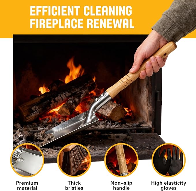Fireplace Ash Shovel and Brush Set, with Insulated Gloves. Fireplace Tools Set with Shovel, Broom - for Fireplaces, Wood Stoves 40 * 19CM 15.75 * 7.48"