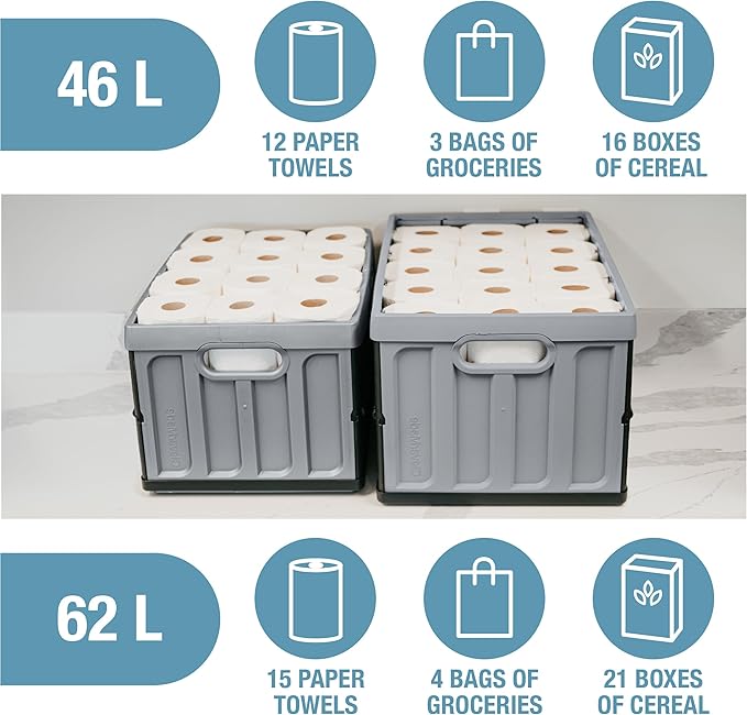 CleverMade Collapsible Storage Bins with Lids - Stone 3 Pack 46L - Plastic Containers Stackable Organization Crates Home Closet Space-Saving Durable
