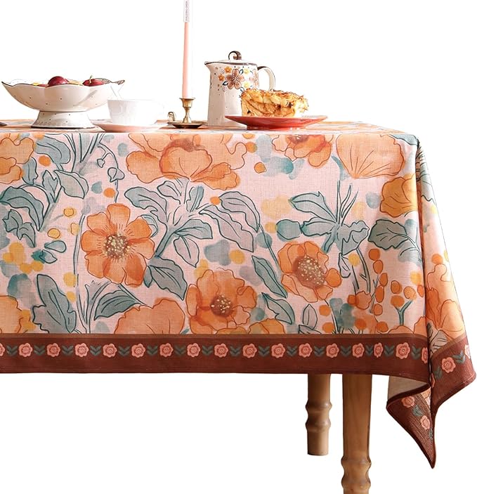 Vintage Linen Rectangle Tablecloth,Italian Orange Floral Pattern Soft and Wrinkle Resistan Table Cloth,Decor Table Cover for Kitchen,Dining,Thanksgiving,Christmas,55"*87"-Positano