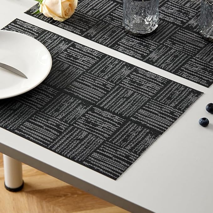 Black Placemats Set of 8, Plastic Vinyl 18" x 12" Place Mats for Dinner Table, No-Slip Wipeable Table Mats Daily Use Patio Kitchen Decoration