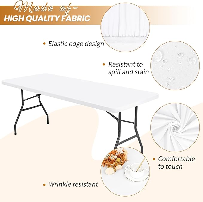 6 Pack Stretch Fabric Table Top Cap Cover, fits 6Ft Tables, Spandex Table Covers Washable Elastic Universal Rectangle Tablecloth Protector for Indoor Outdoor Party Picnic Wedding, White, 30" W x 72" L