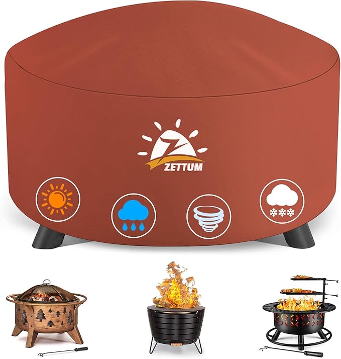 Zettum Fire Pit Cover Round 36 Inch - Outdoor Firepit Cover Heavy Duty & Waterproof, 600D Patio Fire Table Covers Gas Fire Pit Accessories Fade & Weather Resistant Brown - 36 x 36 x 20 Inch