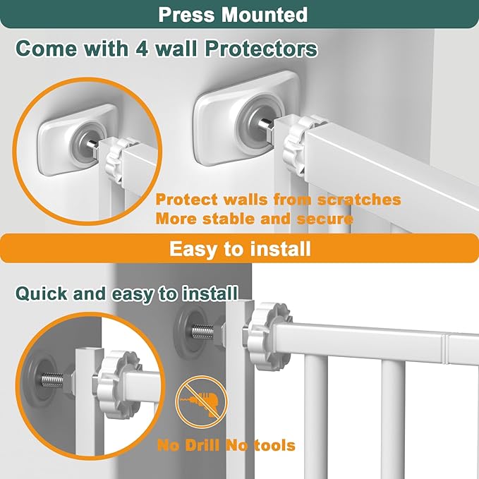 40.55" Tall 1.37" Ultra Narrow Spacing Dogs Pets Baby Gate for Doorway Hallway Safety Proof Indoor 69.48-77.36" Extra Wide Puppy Pressure Mounted No Drill Walk Through White Metal
