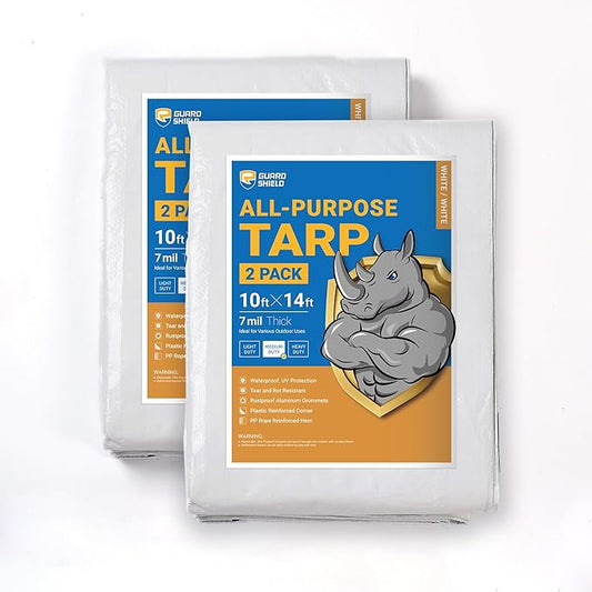 GUARD SHIELD White Tarp 10x14 Feet Medium Duty All Purpose Poly Tarps Cover 7mil (2-Pack)