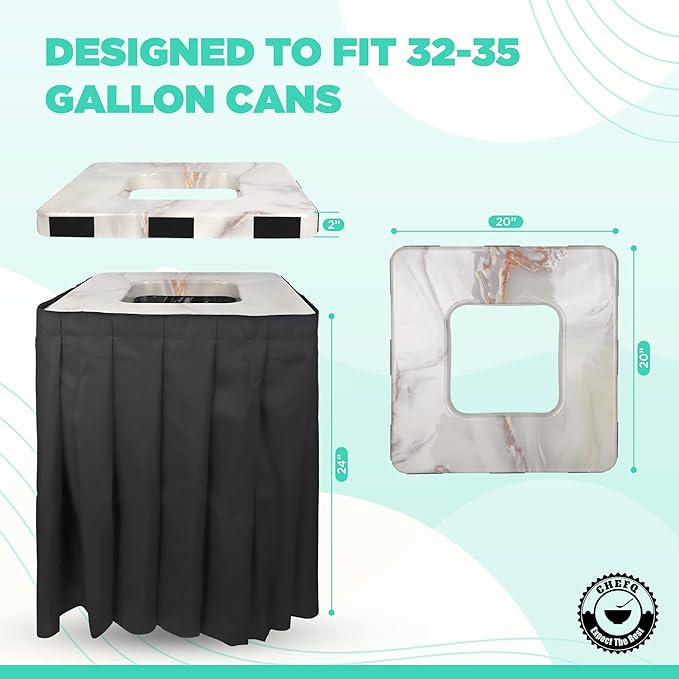 Marble Design Square Garbage Can Cover - Solid Pleated Skirt Topper for 32-35 Gallon Indoor Garbage Cans Trash Bins, Waste Container Without Wheels - Ideal for Birthday Party, Events, Residential Use (Marble Top Green Skirt)