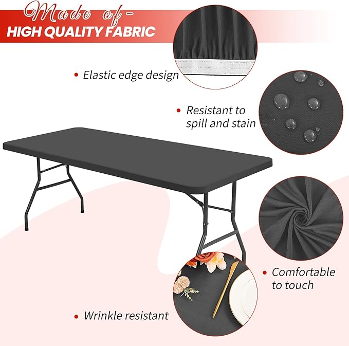 10 Pack Stretch Fabric Table Top Cap Cover, Gray Table Covers fits 8Ft Tables, Washable Elastic Universal Rectangle Tablecloth Protector for Indoor Outdoor Party Picnic Wedding (30" W x 96" L)