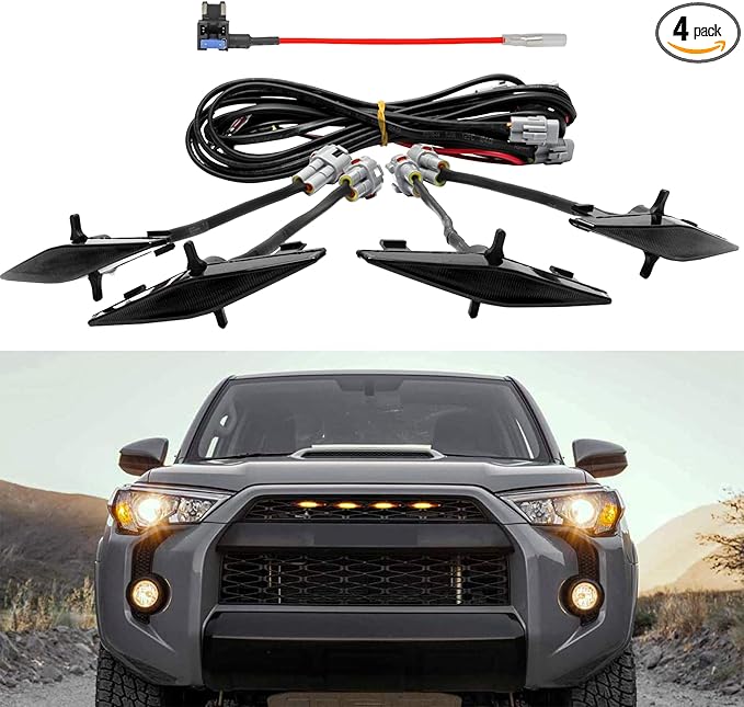 Seven Sparta 4 PCS Grill Led Lights Compatible with Toyota 4Runner 2014-2024 TRD Pro Grille and 2014-2019 SR5, Premium, Limited, TRD Off-Road, Fuse and Instruction Included (Smoke Shell/Amber Light)