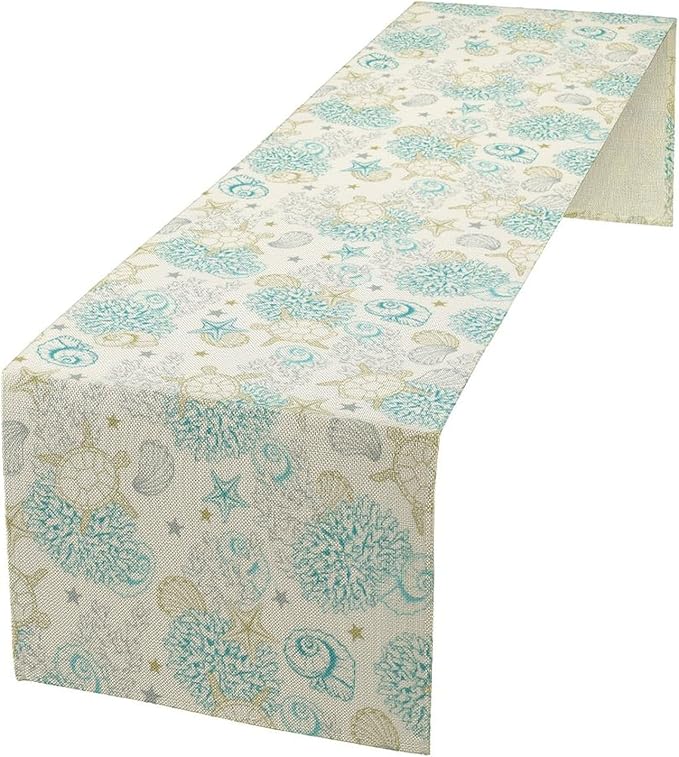 Ocean Coastal Table Runner, Nautical Summer Beach Coral Sea Turtle Table Runner for Kitchen Coffee Dining Bedroom Living Room Dinner 13x36in
