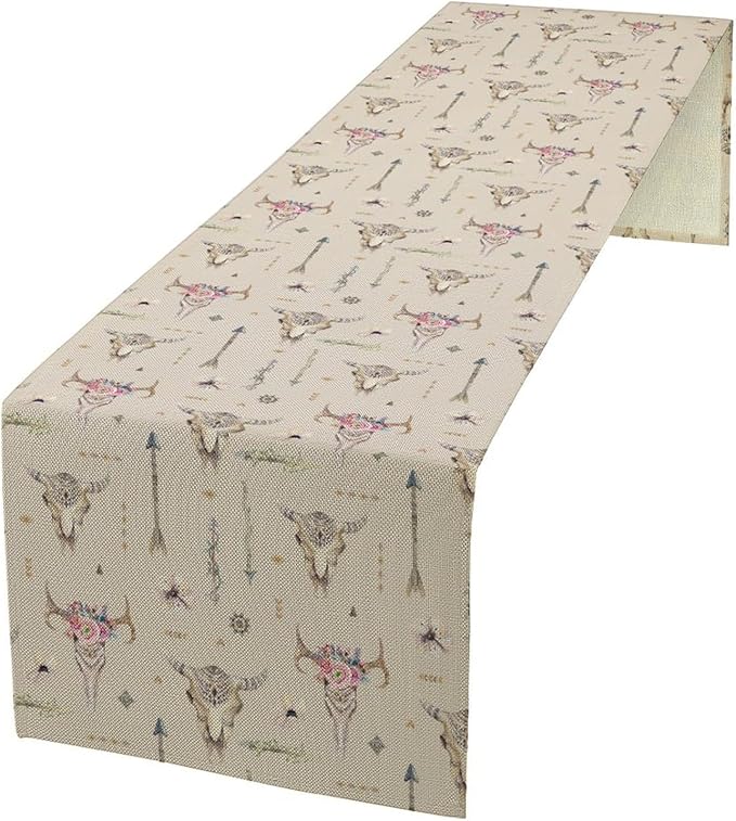 Western Boho Table Runner, Aztec Native Tribal Bull Skull Southwestern Bohemian Geometric Floral Pattern Table Runner for Home Kitchen Dining Party Farmhouse Cafe 13x120in