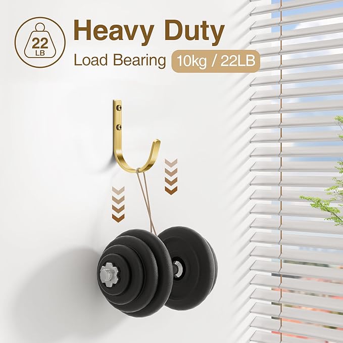 10 Pack Wall Hooks for Hanging Towel/Coat - 22LB Screw in Metal Hanger Wall Mount, for Outdoor, Closet, Door, Bathrooms, for Backpack, Robe, Brushed Gold