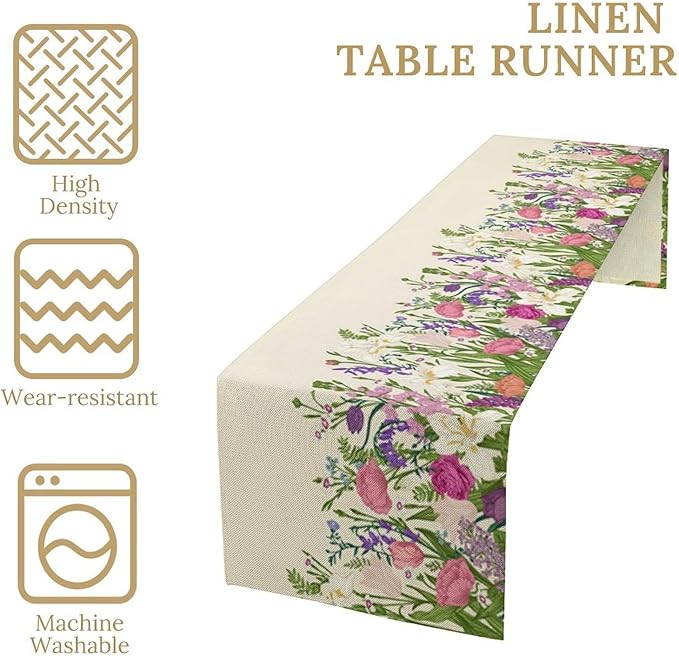 Floral Table Runner,Watercolor Spring Summer Seasons Pink Purple Flowers Table Decoration for Wedding Holiday Indoor Outdoor Home Party 13x90in