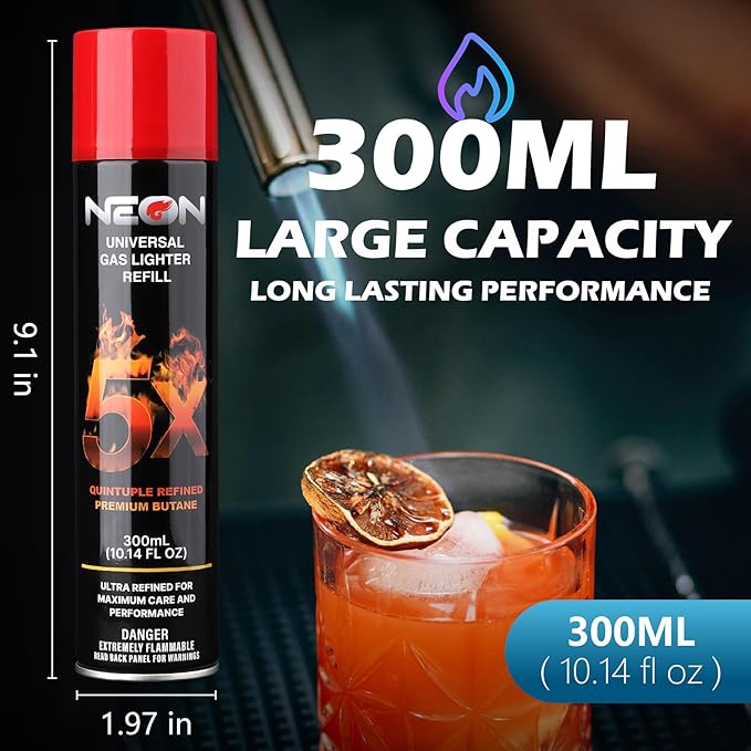 NEON Butane Fuel 300ml, 5X Premium Refined Butane Refill for Torch Lighter, 0 Impurities Lighter Fluid with Metal Nozzle & 5 Butane Gas Refill Adapters for Culinary, Welding, and DIY (4 Cans)