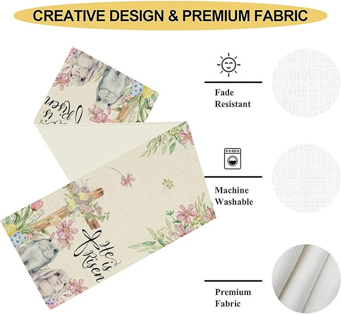 Easter Bunny Rabbits Table Runner,Boho Floral Cross Rabbits Easter Eggs Spring Table Center Decor for Family Kitchen and Living Room Outdoor Farmhouse Party Table Decorations, 13"x36"