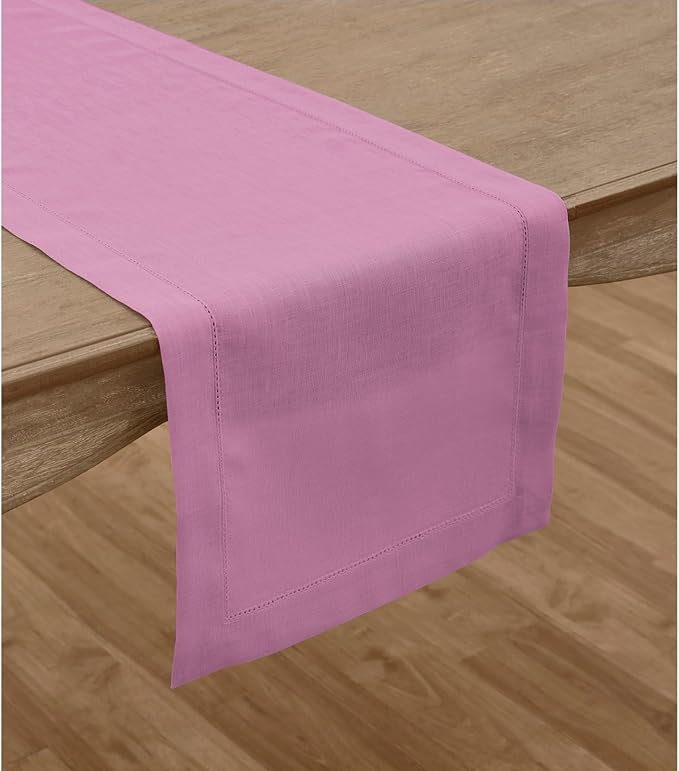 Solino Home Linen Table Runner 108 Inches Long - Classic Hemstitch 100% Pure Linen Violet Dining Table Runner 14 x 108 Inch for Valentines, Spring, Easter