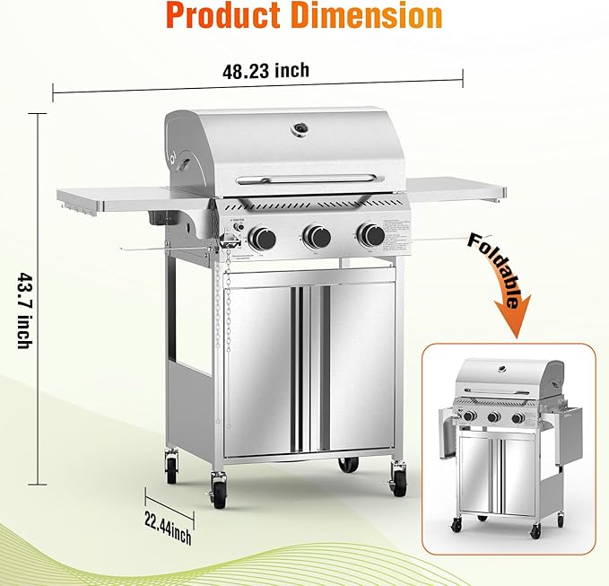G31 Grill,3-Burner Gas Grill with Folding Shelf,Stainless Steel 24,000 BTU Propane Gas Grill,Outdoor BBQ Grill for Barbecue,Patio,Camping