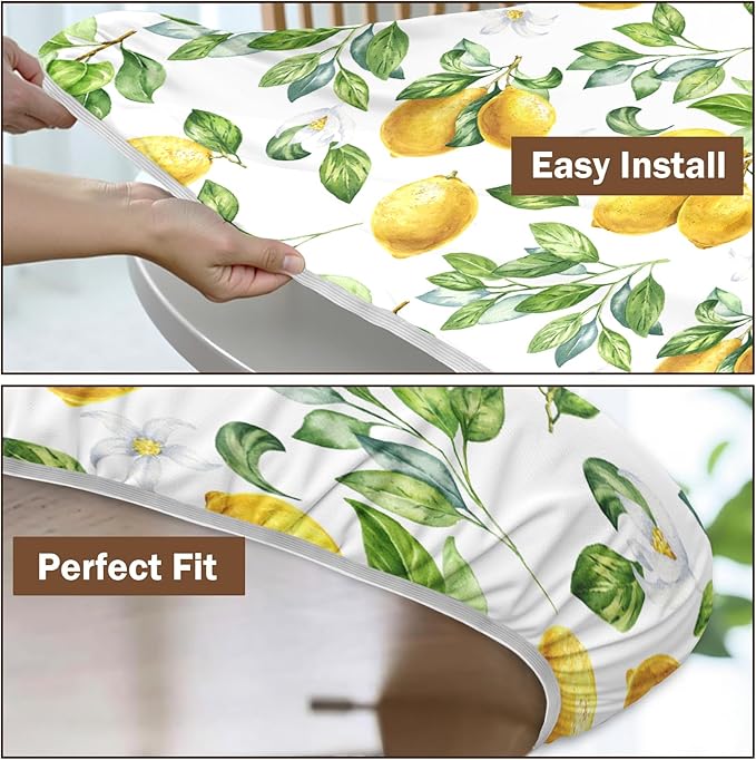 Lemon Round Fitted Tablecloth with Elastic Spring Summer Yellow Lemons Circle Table Cloth for 48-52" Round Tables Wipeable Waterproof Lemonade Party Farmhouse Table Cover for Picnic Dining Outdoor