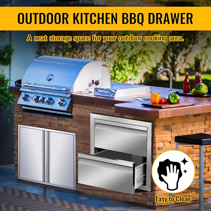 Pull Out Trash Drawer, Lower Sliding Rails Stainless Steel Roll Out Trash Bin Pull Out Tray With Handle For Outdoor Kitchen BBQ Island Grill Station,Double Drawers