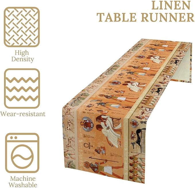 Ancient Table Runner, Mythology Egyptian Gods Pharaohs Antique Golden Hieroglyphs Print Pattern Table Runner for Dining Bedroom Kitchen Party Outdoor 13x70in