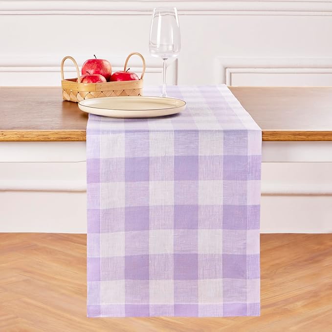 Solino Home Linen Checkered Table Runner 36 Inches - 100% Pure Linen Misty Lavender Buffalo Check Table Runner 14 x 36 Inch Ideal for Dresser and Coffee Tables - Valentines, Spring, Easter