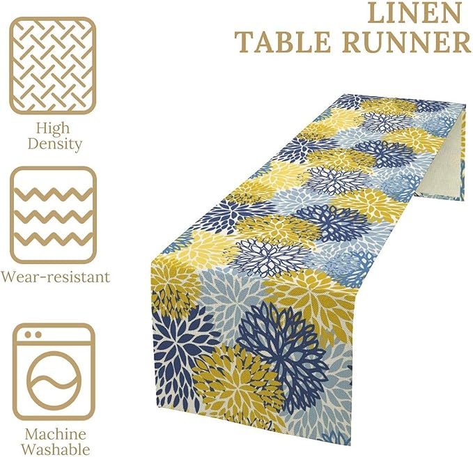 Dahlia Flower Table Runner,Blue Yellow Floral Print Table Runner for Kitchen Dining Table Dinner Holiday Home Party Indoor Outdoor Decor 13x36in