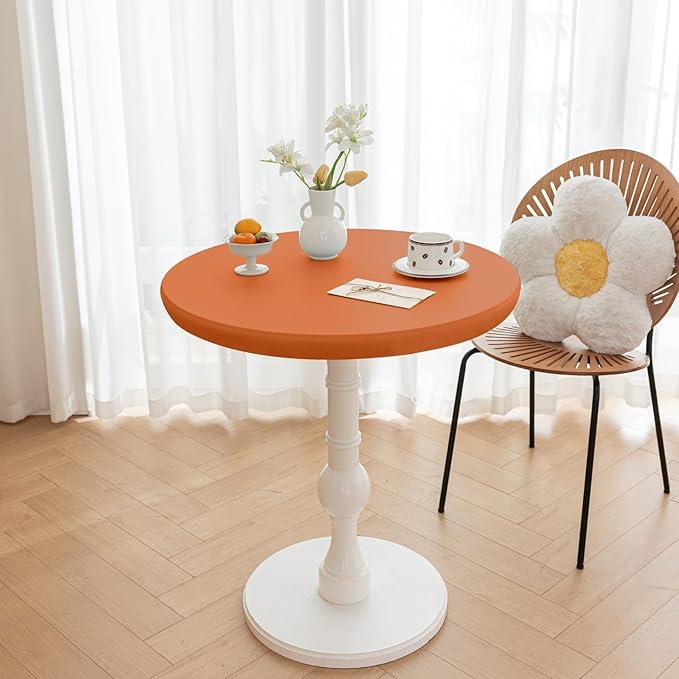 Fall Round Fitted PU Tablecloth with High Elastic Edge 31 Inch Dia Waterproof Oil Proof Table Cloth Anti-Scald Stain-Resistant Wipeable Table Cover for Indoor Outdoor Picnic (Orange,31" Dia)